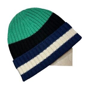 EVERLANE‎ Unisex Green Blue Striped Recycled Cashmere Ribbed Knit Beanie New